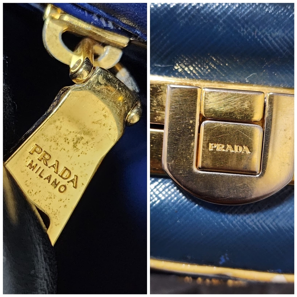 Prada Saffiano Vernice Pyramid Bag Navy Blue - Picture 7 of 15